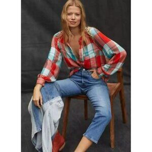 Pilcro Plaid Button-Up Blouse With Ruffle Detail & Pocket - Size‎ M